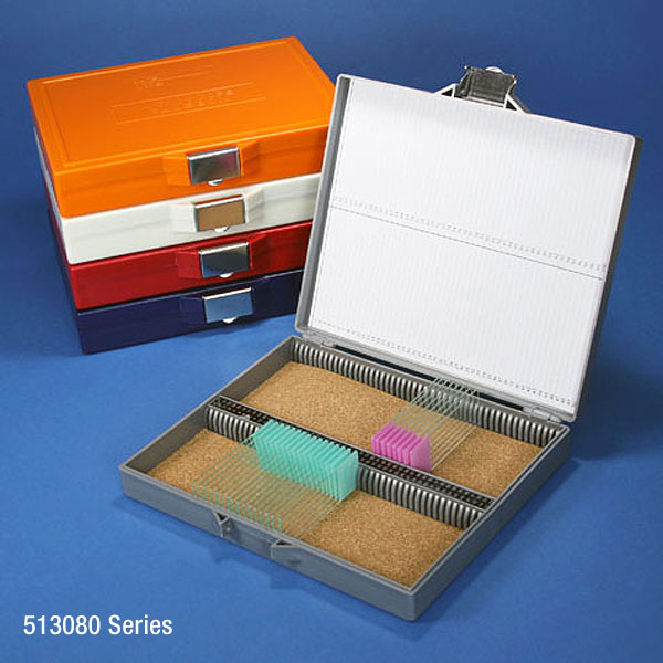 Globe Scientific Slide Box for 100 Slides, Cork Lined, Stainless Steel Lock, 5 Assorted Colors (Gray, Blue, Dark Gray, Orange and White) Image